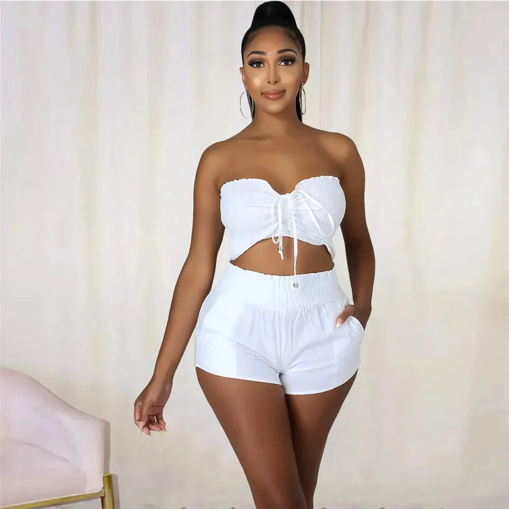 2023 Best Seller Sleeveless Strapless Ruffled Lace-Up Short Top Elastic Waist Shorts 2 Piece Set Women Summer