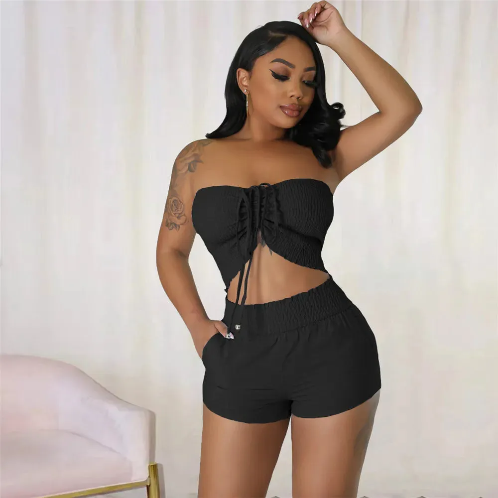 2023 Best Seller Sleeveless Strapless Ruffled Lace-Up Short Top Elastic Waist Shorts 2 Piece Set Women Summer