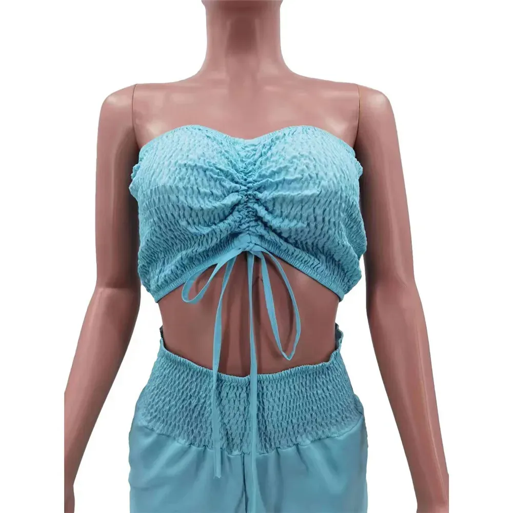 2023 Best Seller Sleeveless Strapless Ruffled Lace-Up Short Top Elastic Waist Shorts 2 Piece Set Women Summer