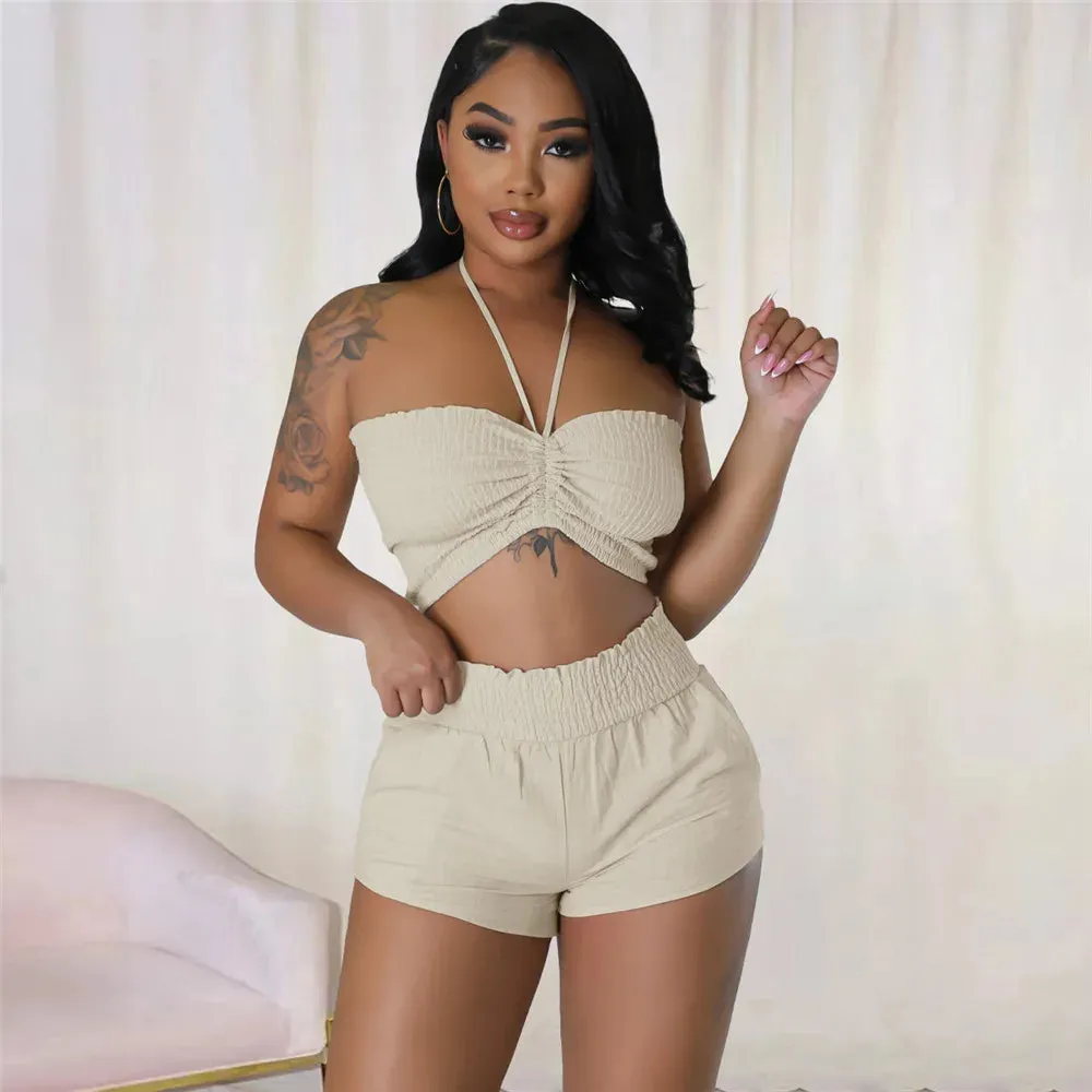 2023 Best Seller Sleeveless Strapless Ruffled Lace-Up Short Top Elastic Waist Shorts 2 Piece Set Women Summer