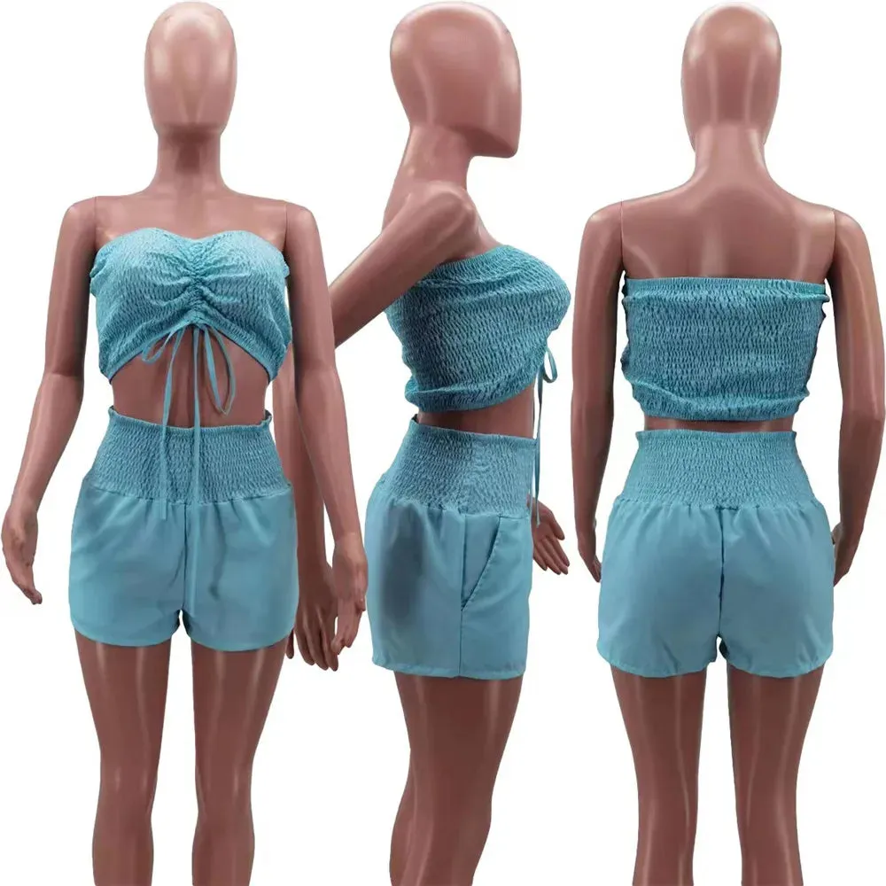 2023 Best Seller Sleeveless Strapless Ruffled Lace-Up Short Top Elastic Waist Shorts 2 Piece Set Women Summer