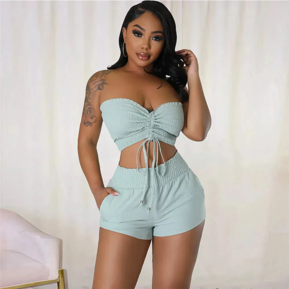 2023 Best Seller Sleeveless Strapless Ruffled Lace-Up Short Top Elastic Waist Shorts 2 Piece Set Women Summer