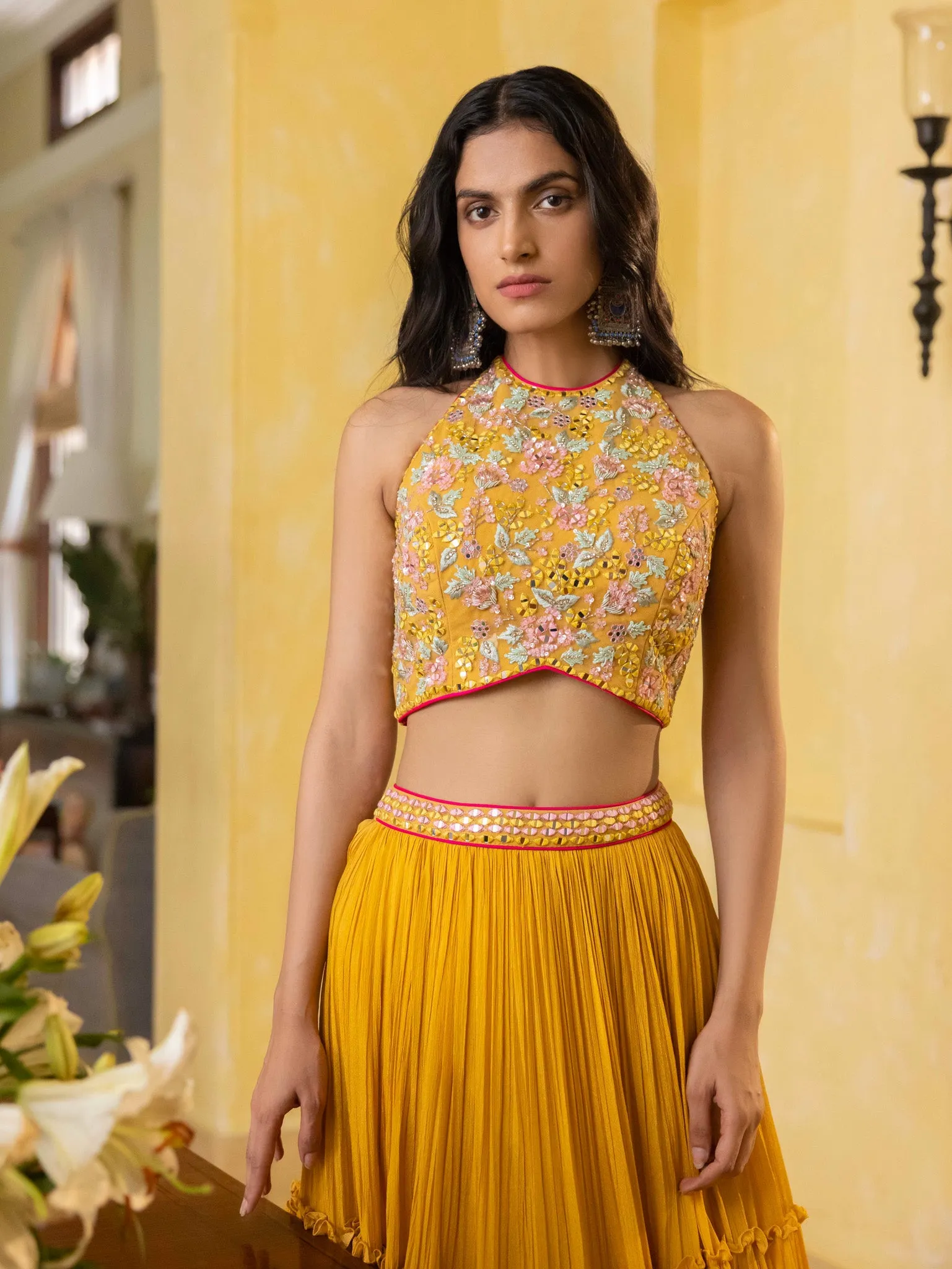 30Z280-RO  Yellow Lehenga Set With Ruffled Dupatta