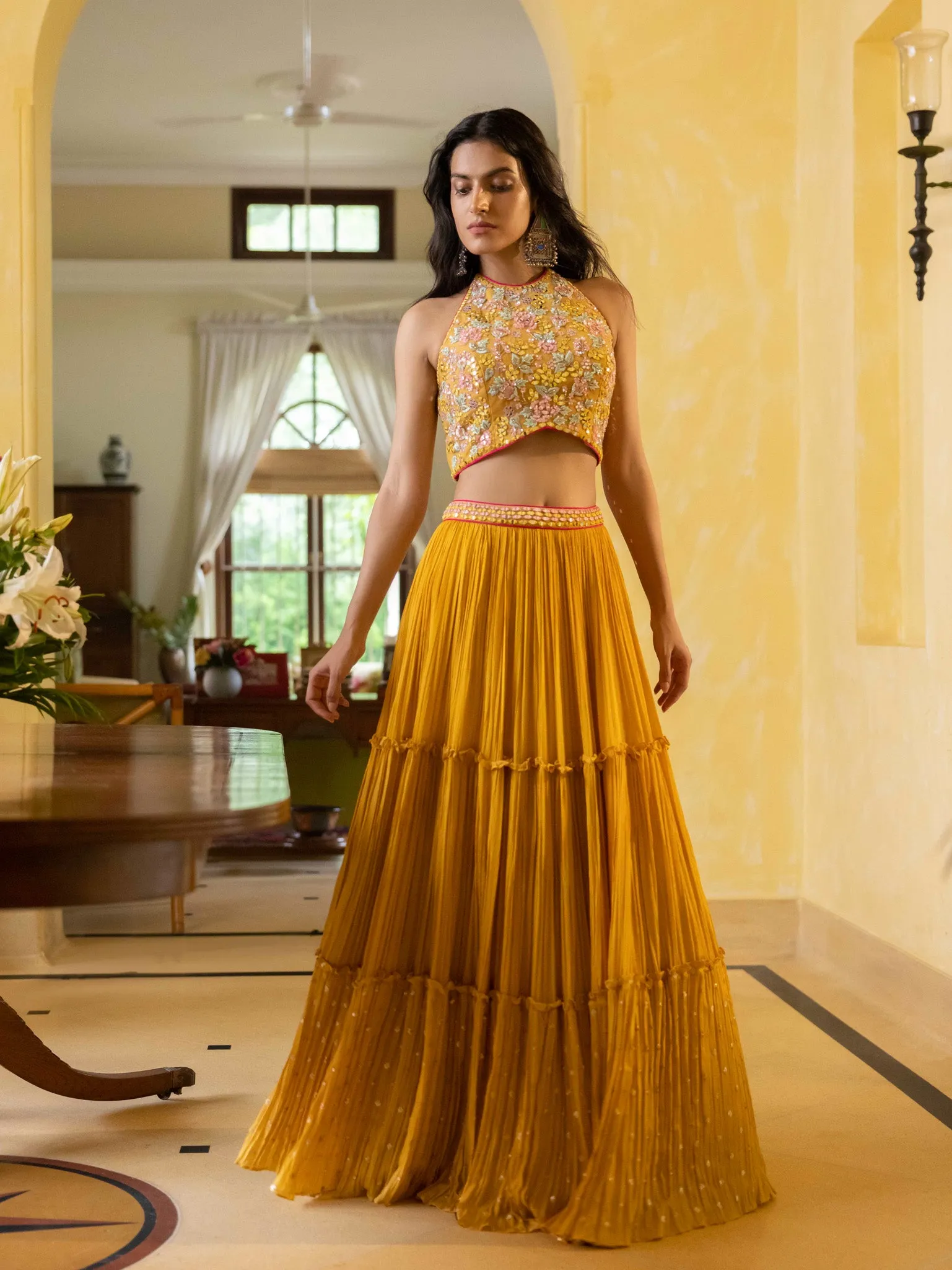 30Z280-RO  Yellow Lehenga Set With Ruffled Dupatta