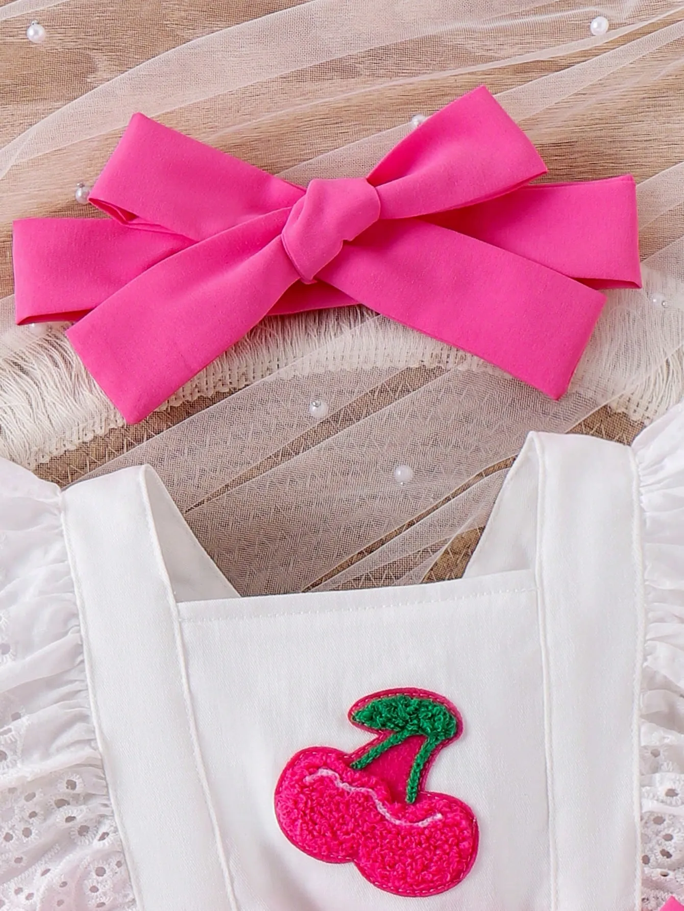 Baby Girl Strawberry Embroidered Colorblock Romper With Ruffled Hem And Headband Set, Summer