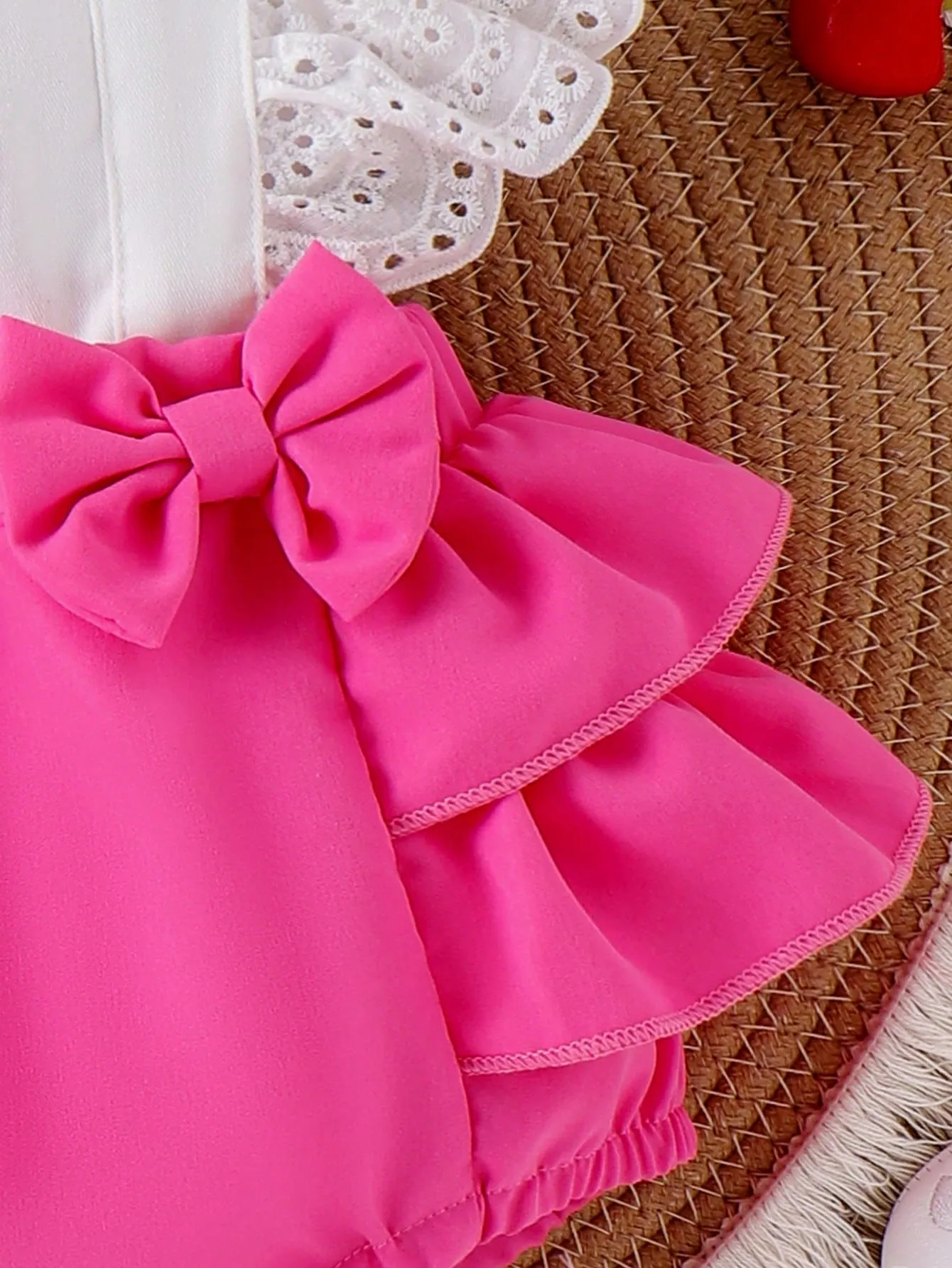 Baby Girl Strawberry Embroidered Colorblock Romper With Ruffled Hem And Headband Set, Summer