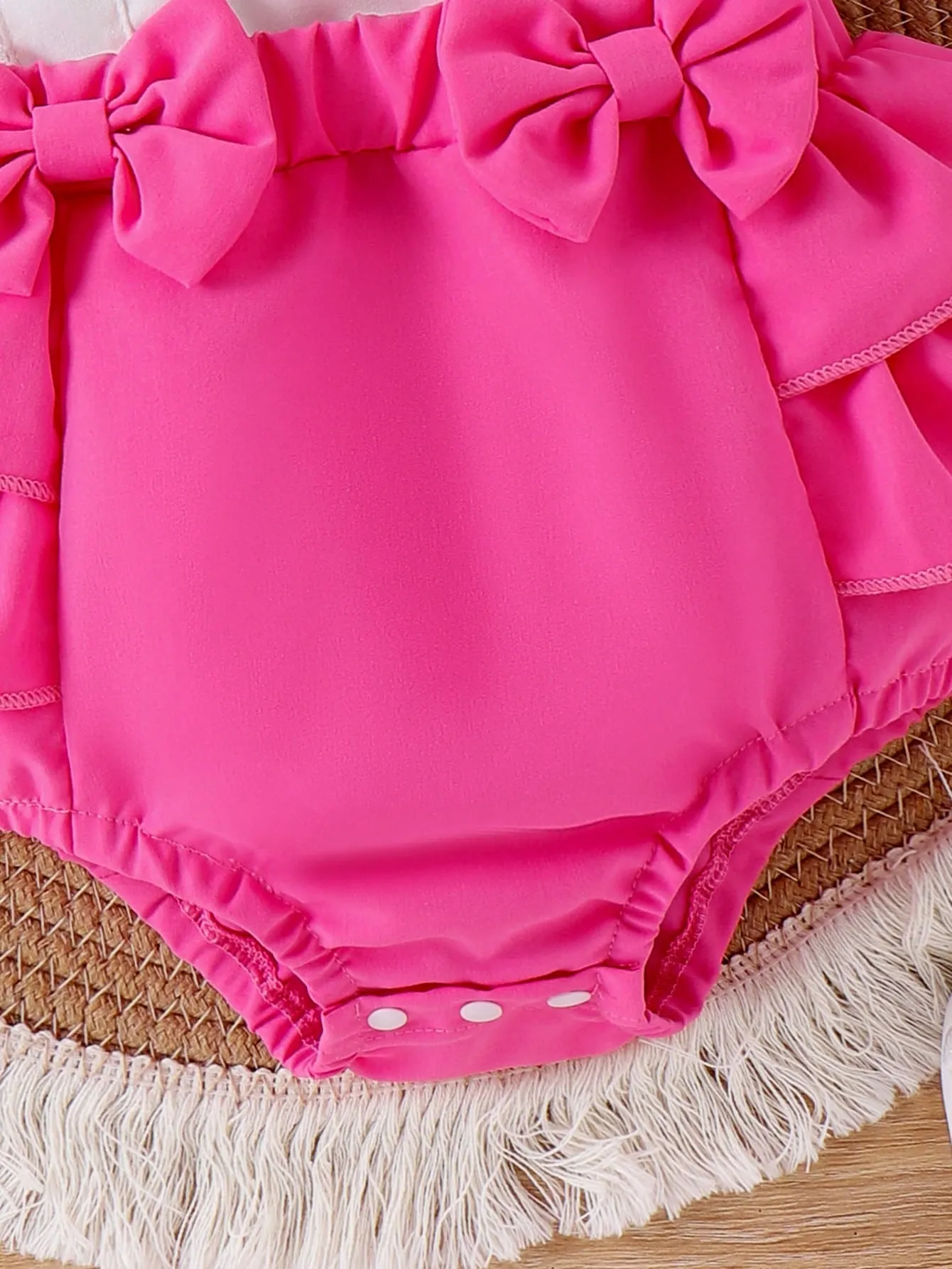 Baby Girl Strawberry Embroidered Colorblock Romper With Ruffled Hem And Headband Set, Summer