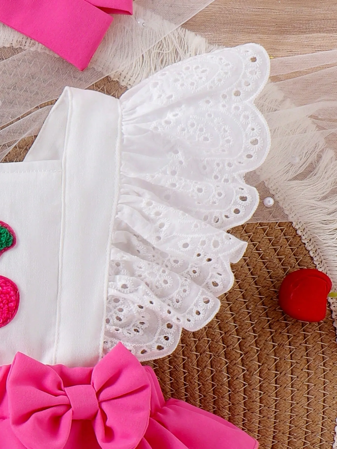 Baby Girl Strawberry Embroidered Colorblock Romper With Ruffled Hem And Headband Set, Summer