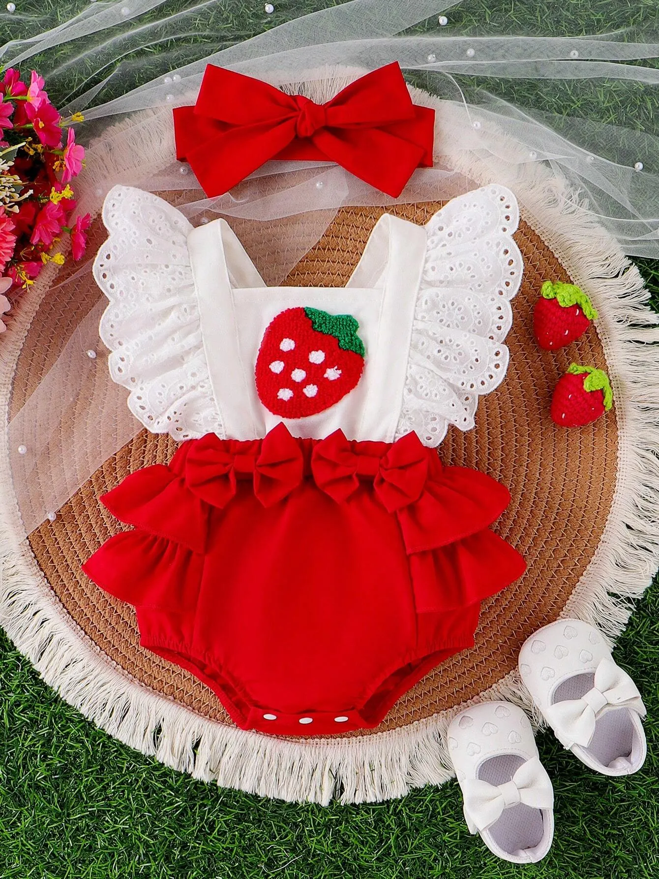 Baby Girl Strawberry Embroidered Colorblock Romper With Ruffled Hem And Headband Set, Summer