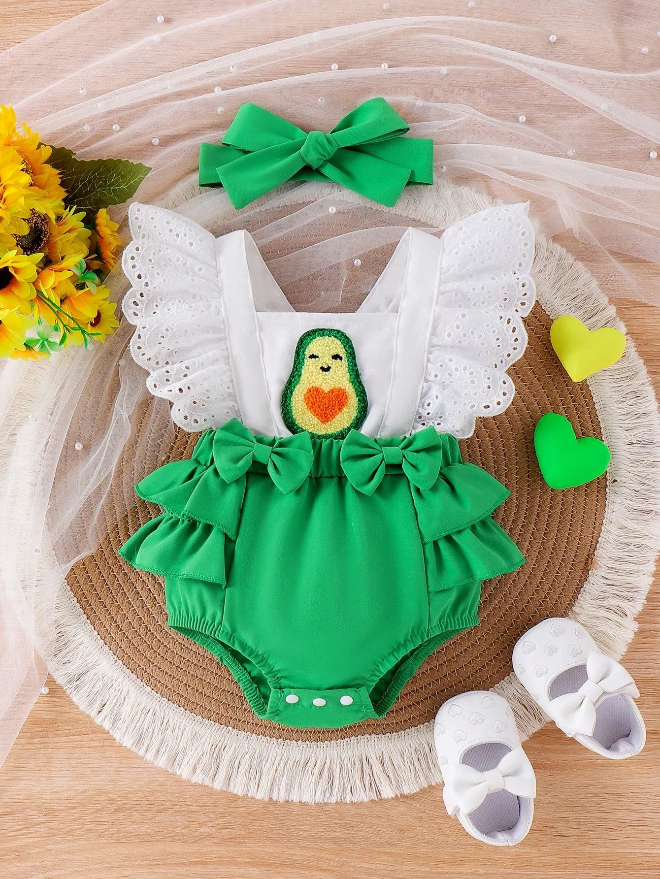 Baby Girl Strawberry Embroidered Colorblock Romper With Ruffled Hem And Headband Set, Summer