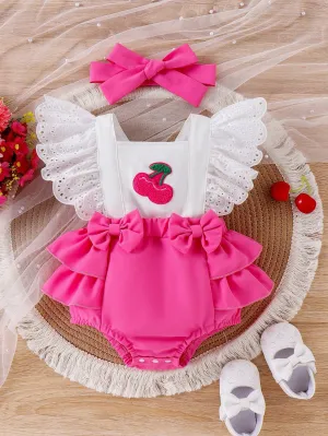 Baby Girl Strawberry Embroidered Colorblock Romper With Ruffled Hem And Headband Set, Summer