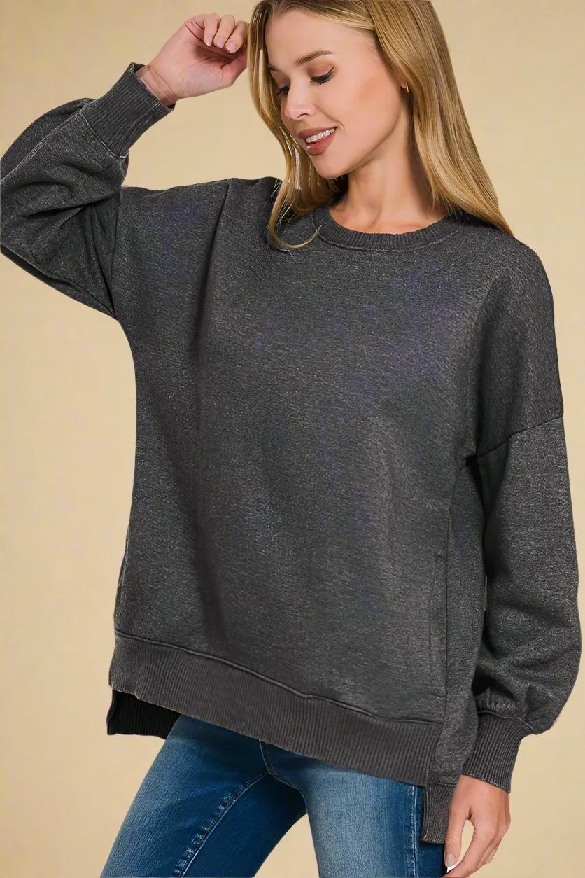 Black Acid Wash Fleece Tunic Sweatshirt