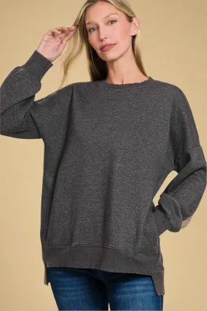Black Acid Wash Fleece Tunic Sweatshirt