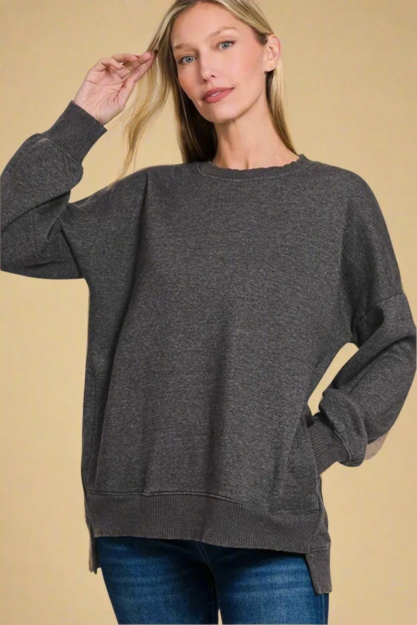 Black Acid Wash Fleece Tunic Sweatshirt