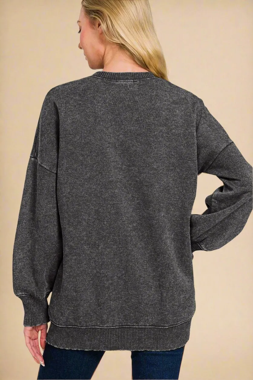 Black Acid Wash Fleece Tunic Sweatshirt