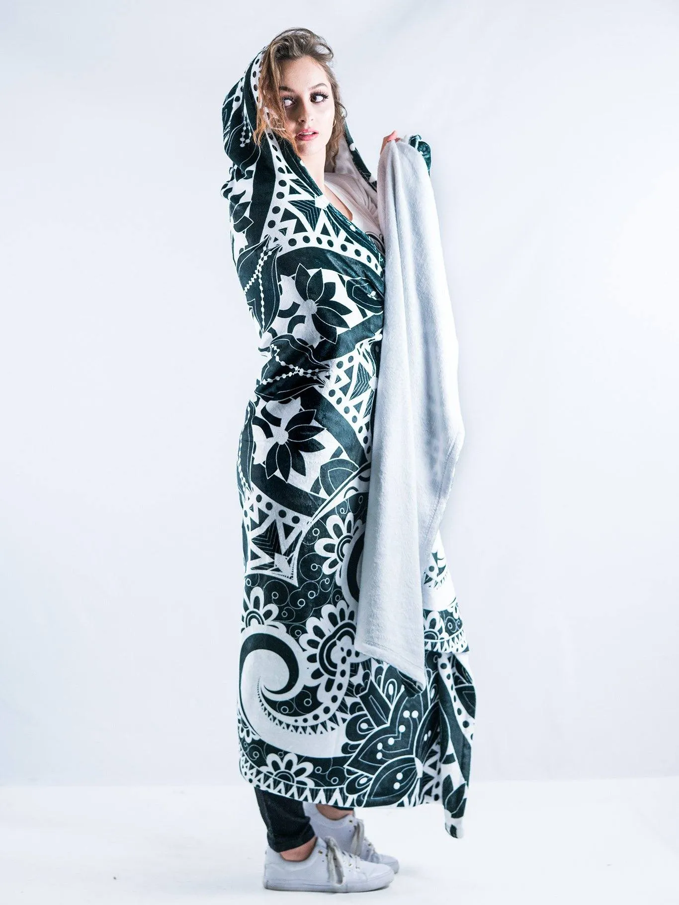 Black and White Mandala Hooded Blanket