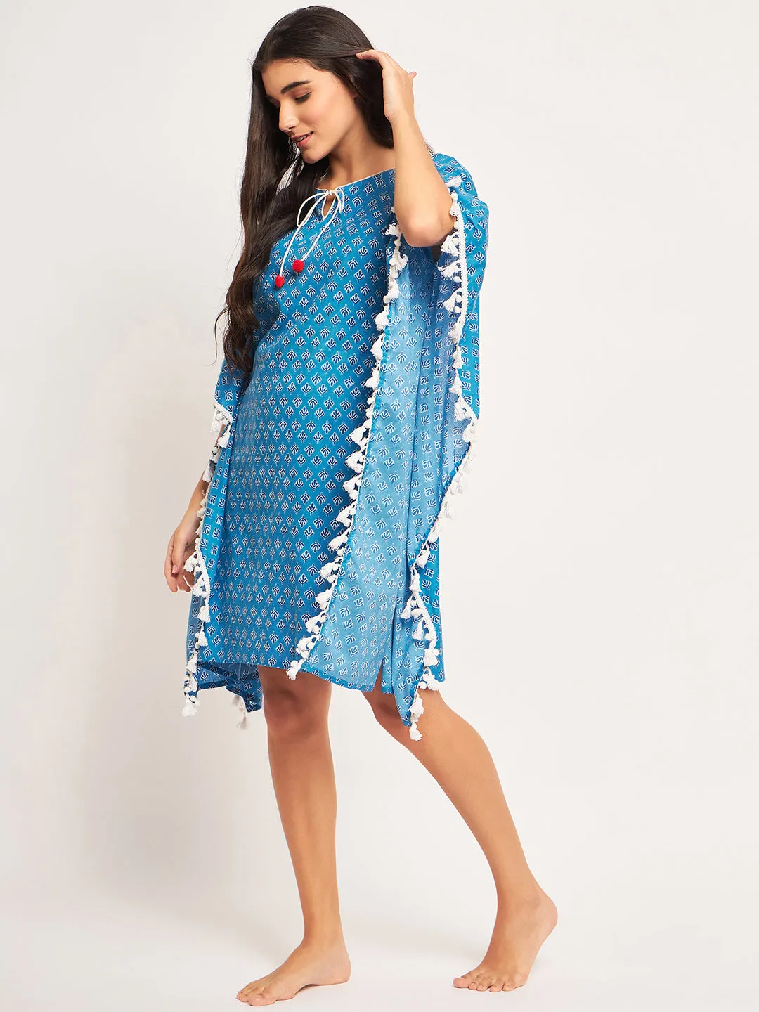 Blue Floral Block Printed Kaftan