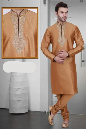 Bronze Color Long Dupion Silk Men's Kurta Pajama Set