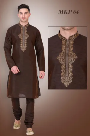 Brown Mens Embroidered Kurta Pyjama Set