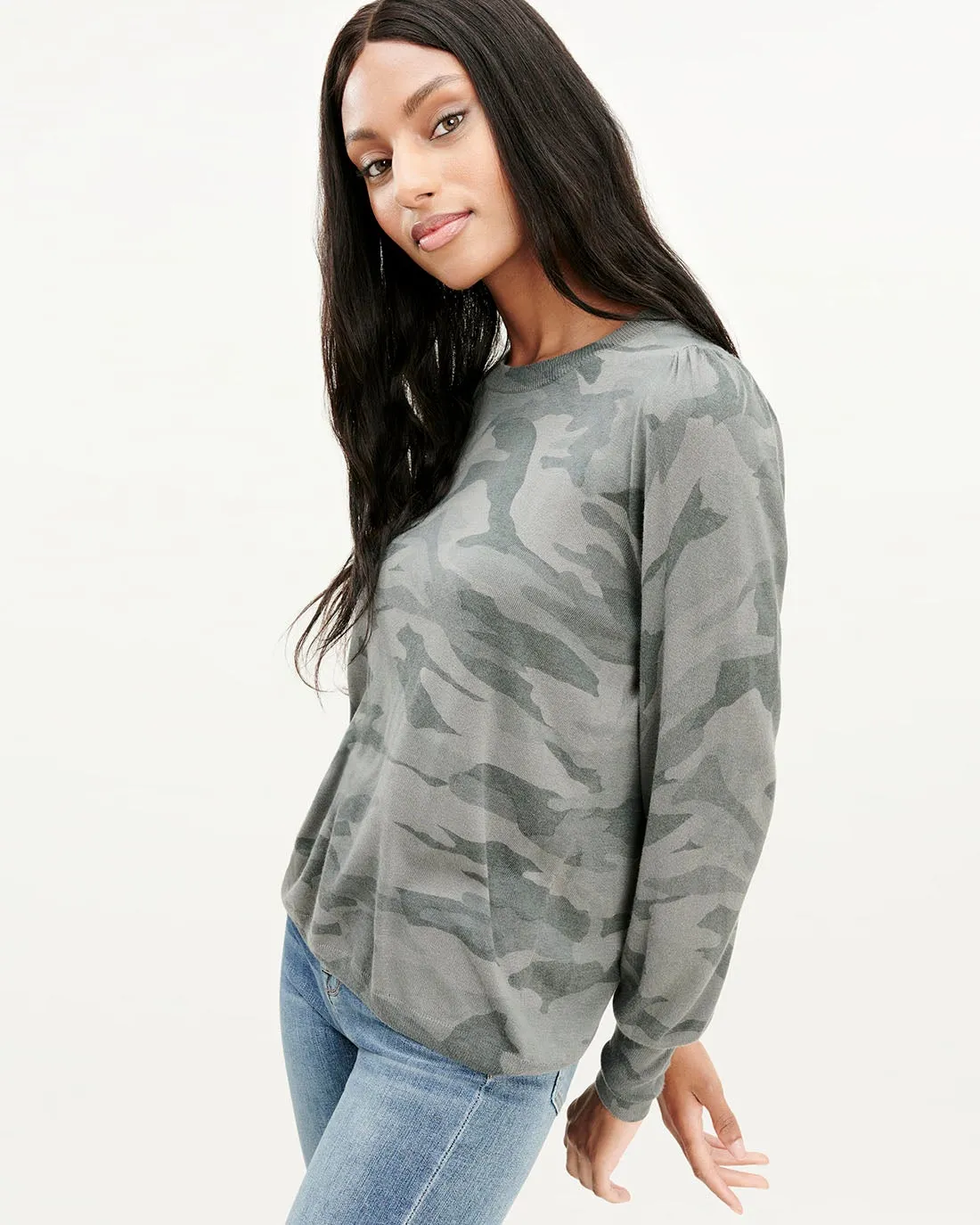 Cashblend Puff Sleeve Top in Camo