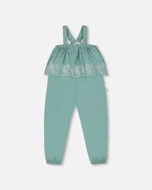 Chambray Jumpsuit With Embroidery Light Blue
