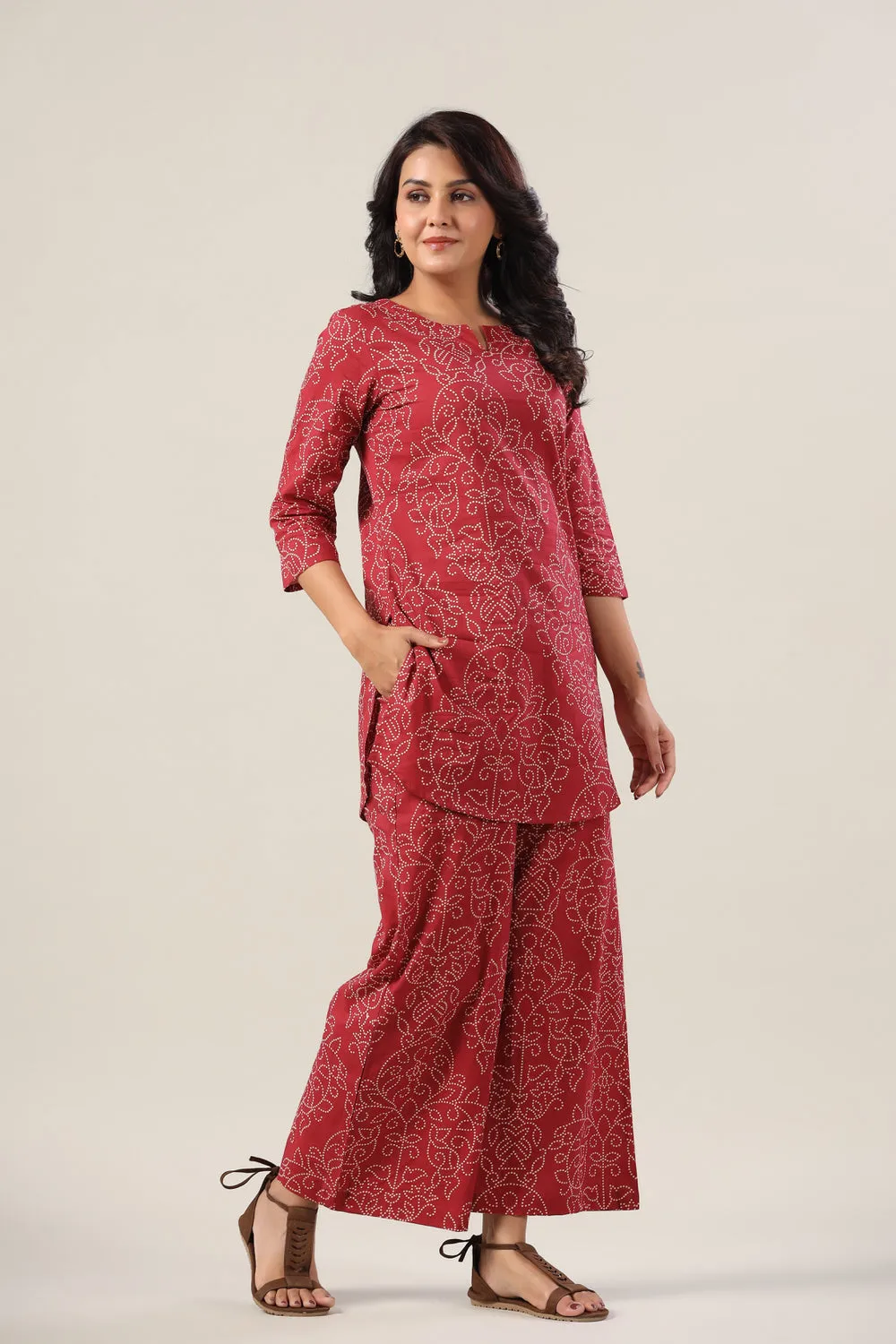 Floral Bhandej Dots on Maroon Cotton Palazzo Loungewear Set