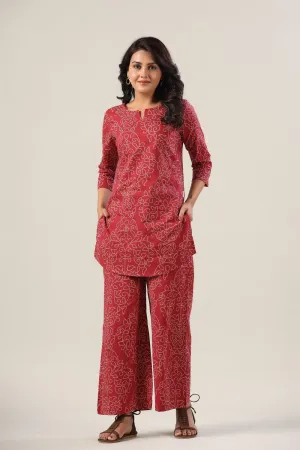 Floral Bhandej Dots on Maroon Cotton Palazzo Loungewear Set