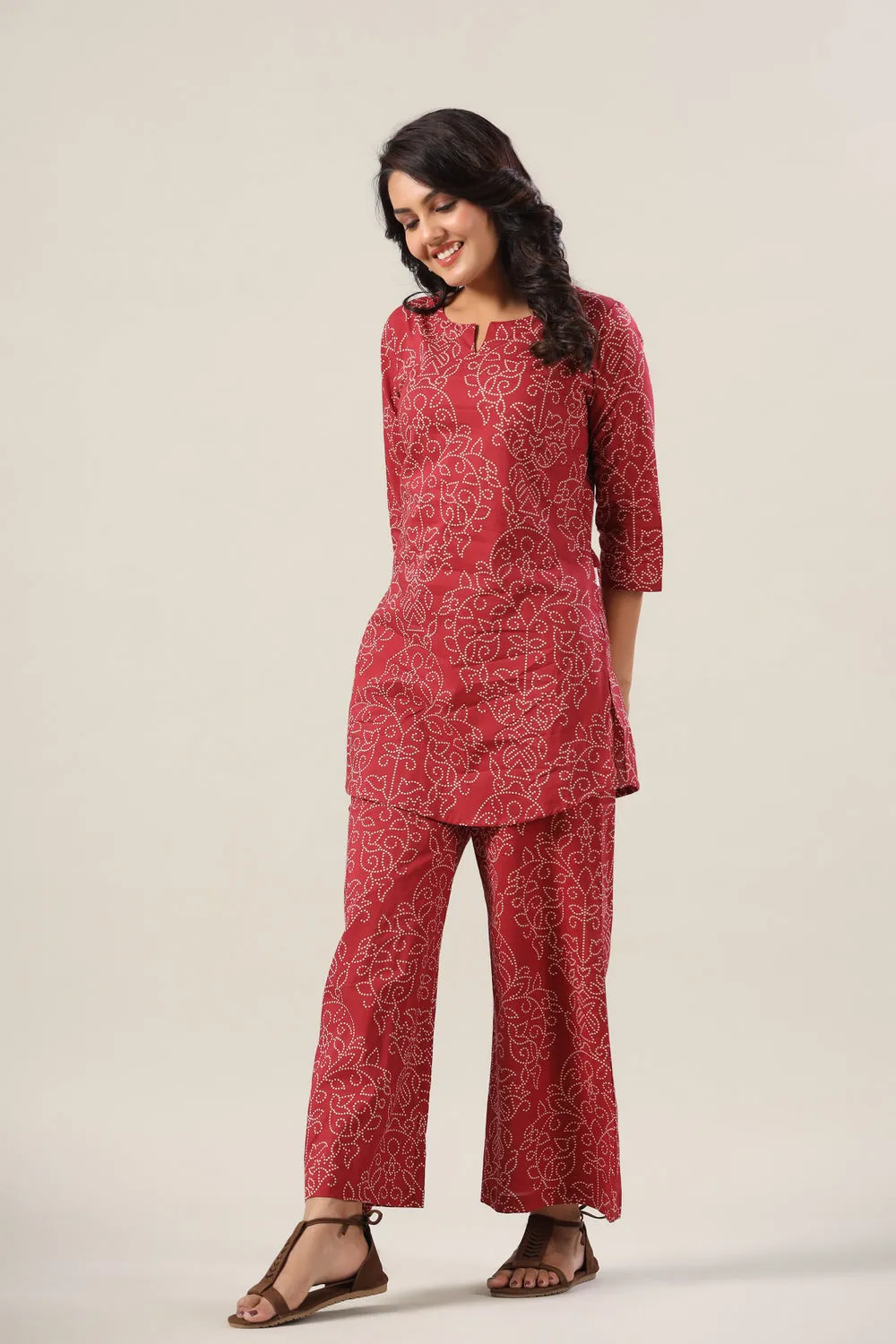 Floral Bhandej Dots on Maroon Cotton Palazzo Loungewear Set