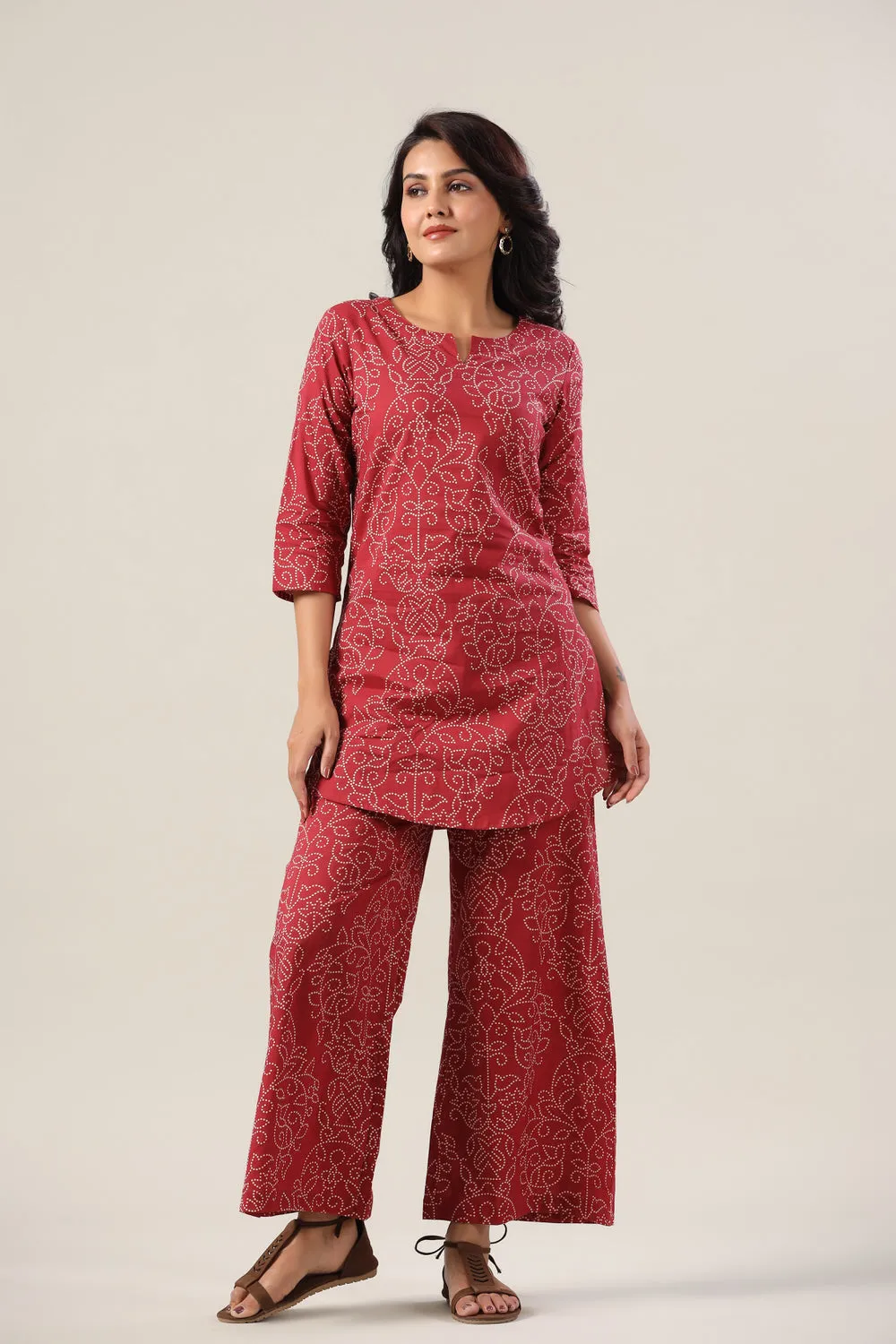 Floral Bhandej Dots on Maroon Cotton Palazzo Loungewear Set