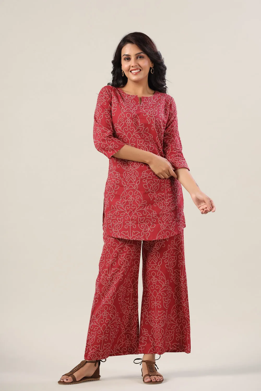 Floral Bhandej Dots on Maroon Cotton Palazzo Loungewear Set
