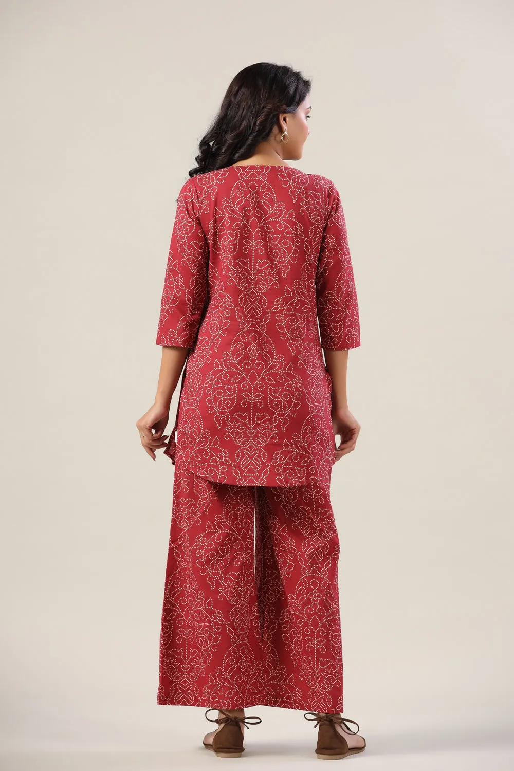 Floral Bhandej Dots on Maroon Cotton Palazzo Loungewear Set