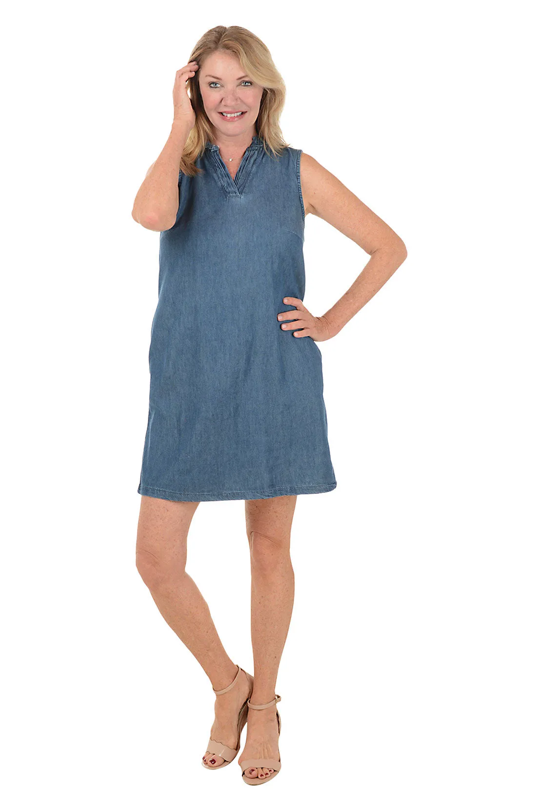 Frayed Collar Sleeveless Denim Dress