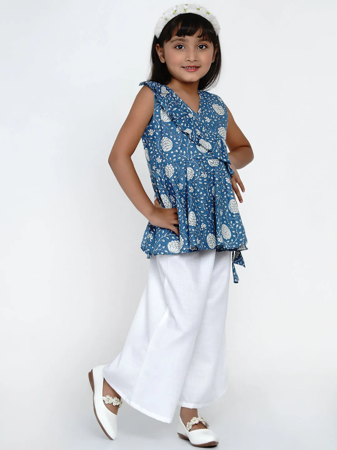 Girls Blue & Off-White Floral Printed Ruffled Top with Palazzos
