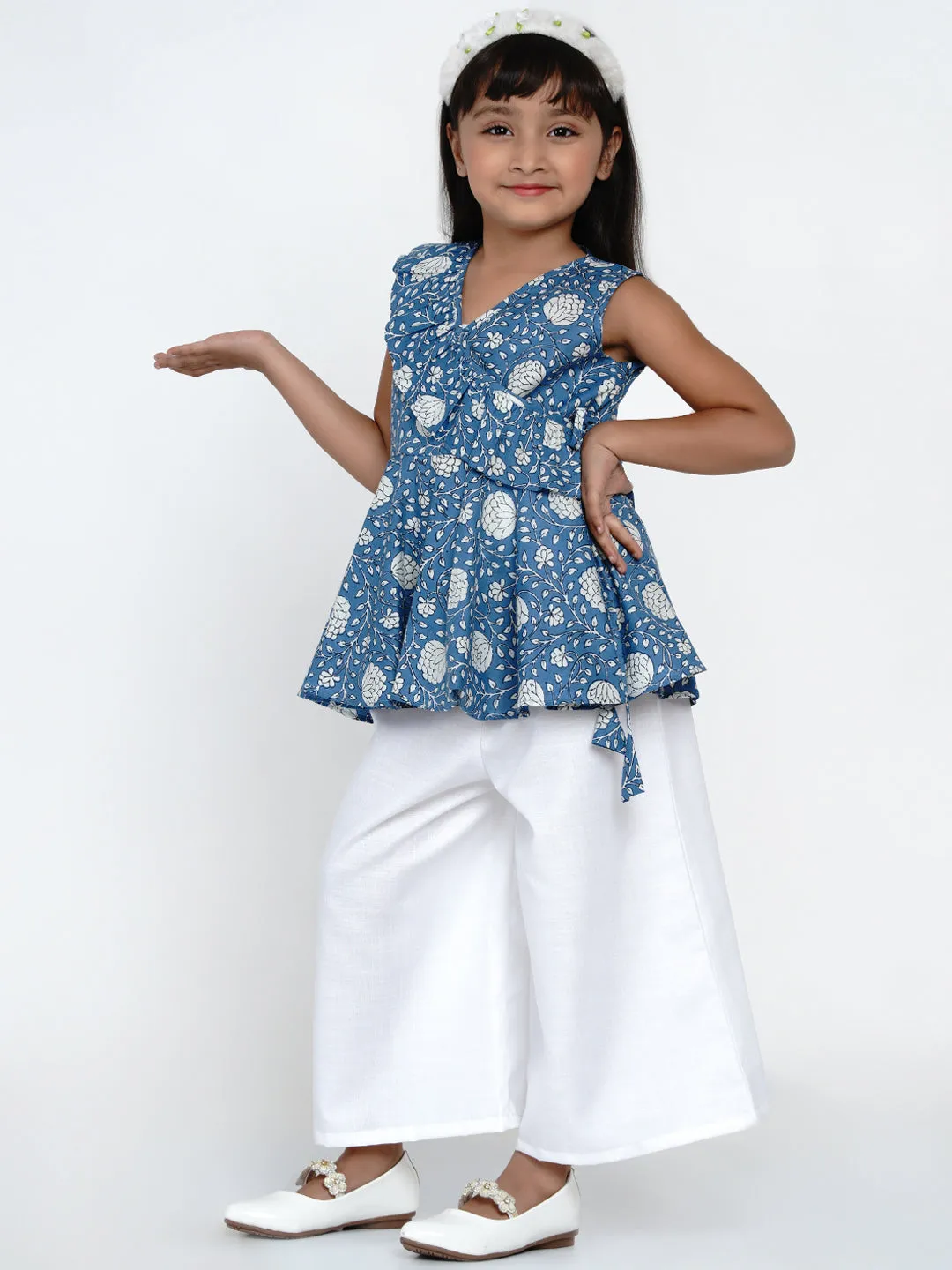 Girls Blue & Off-White Floral Printed Ruffled Top with Palazzos