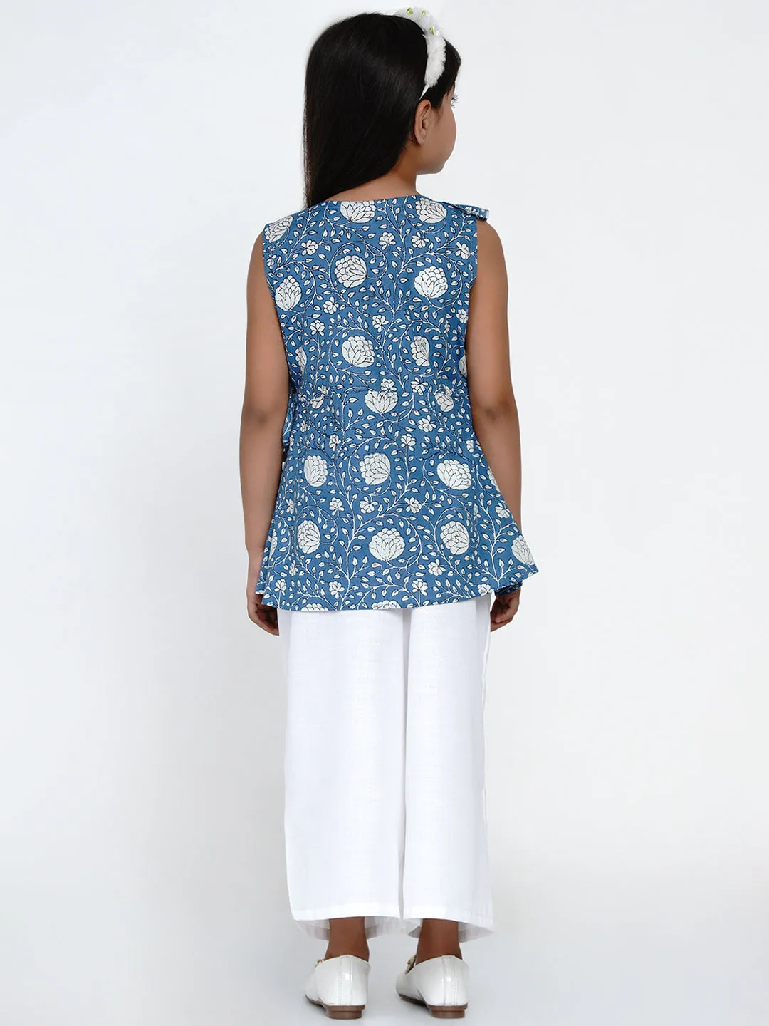 Girls Blue & Off-White Floral Printed Ruffled Top with Palazzos