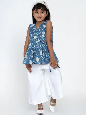 Girls Blue & Off-White Floral Printed Ruffled Top with Palazzos