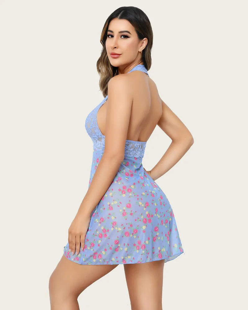 Halter Lace Floral Print Babydoll Mesh Nightgown