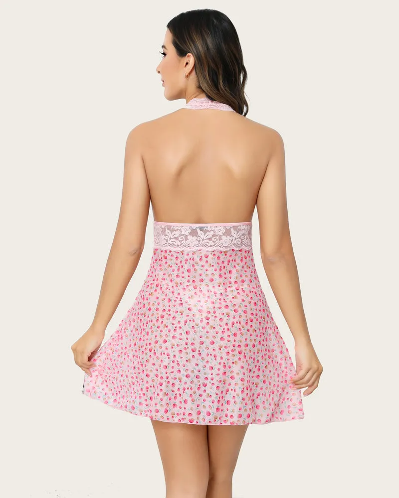 Halter Lace Floral Print Babydoll Mesh Nightgown