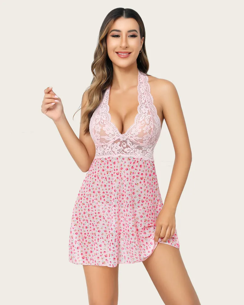 Halter Lace Floral Print Babydoll Mesh Nightgown