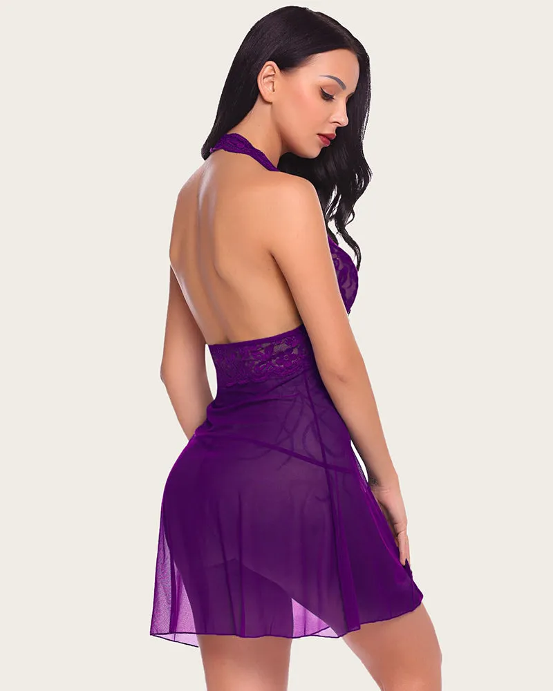 Halter Lace Floral Print Babydoll Mesh Nightgown