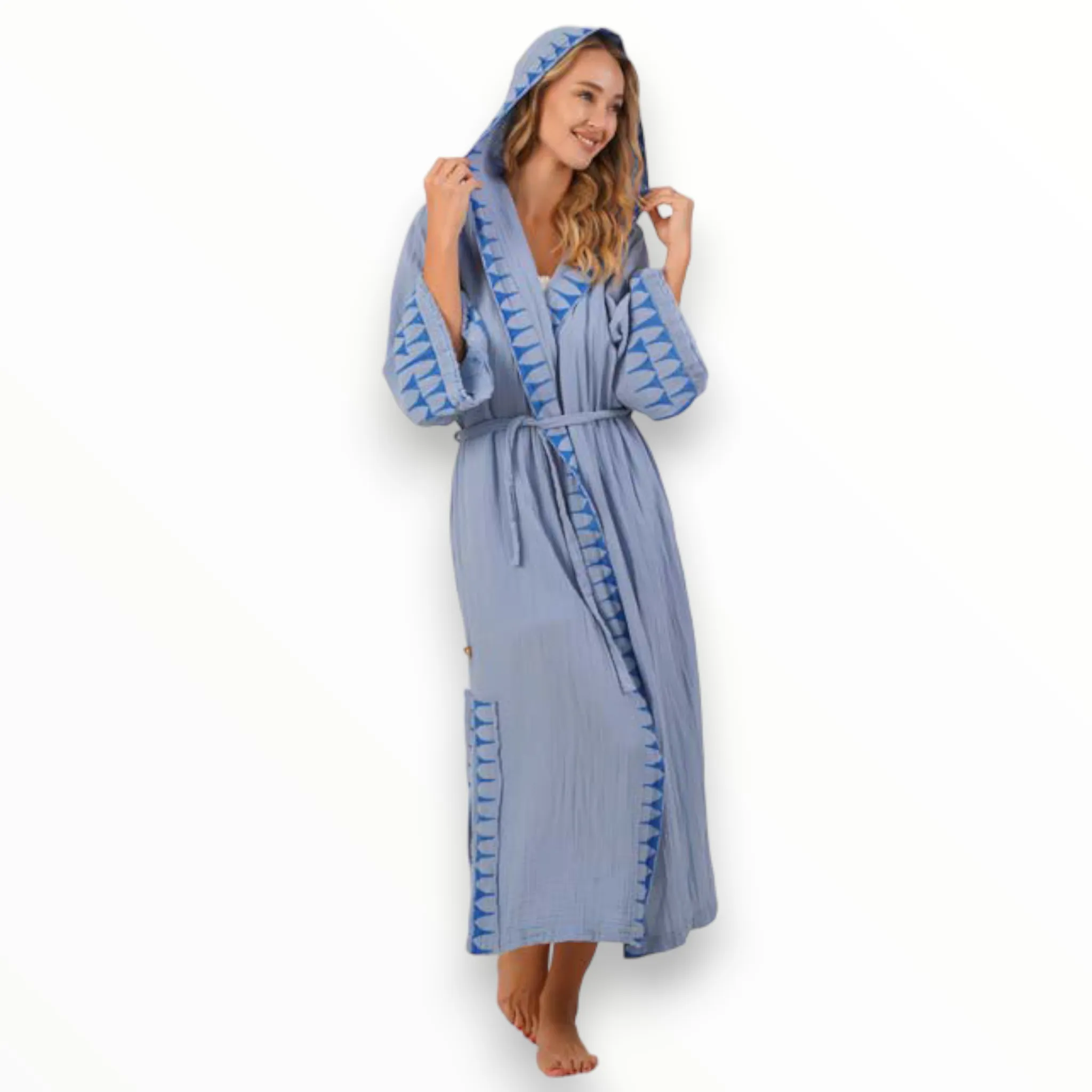 Hand-Woven Block Print Natural Cotton Kimono Robe with Hood