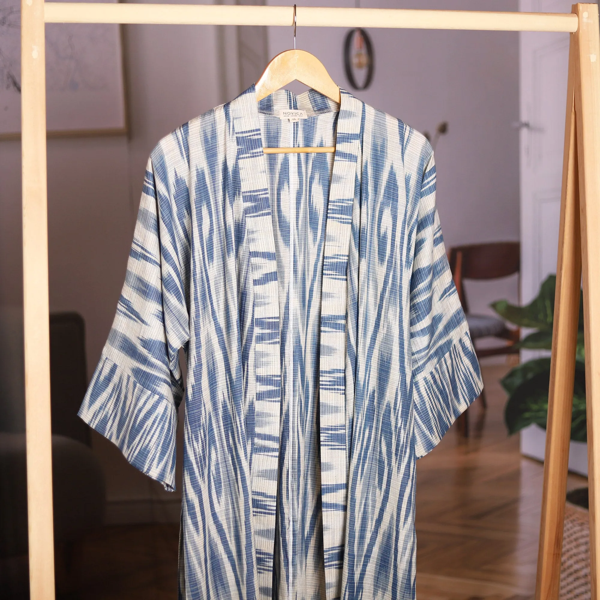 Handwoven 100% Cotton Robe with Blue and White Ikat Patterns - Samarkand Splendor | NOVICA
