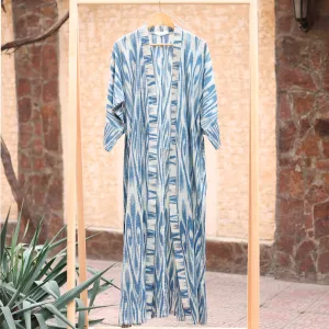 Handwoven 100% Cotton Robe with Blue and White Ikat Patterns - Samarkand Splendor | NOVICA