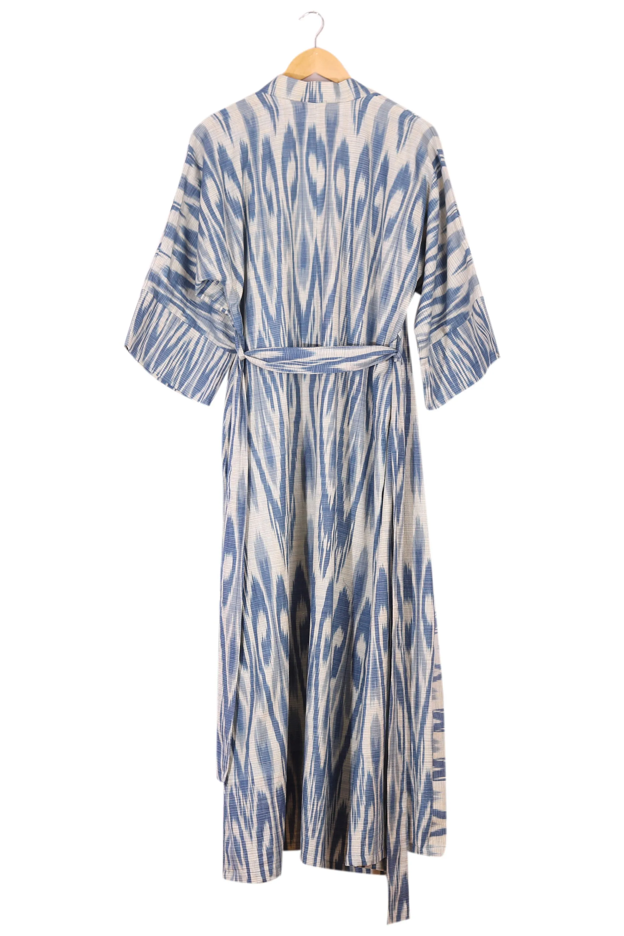 Handwoven 100% Cotton Robe with Blue and White Ikat Patterns - Samarkand Splendor | NOVICA