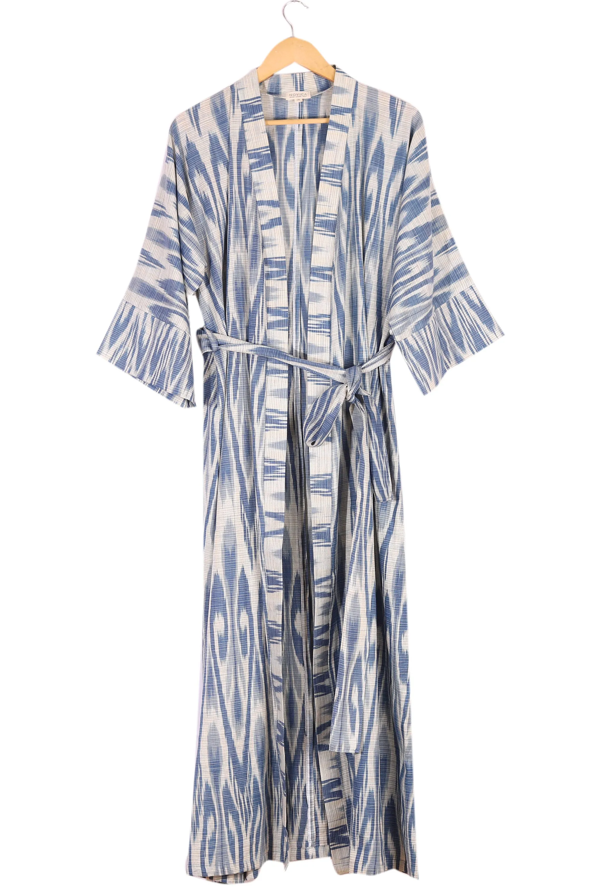 Handwoven 100% Cotton Robe with Blue and White Ikat Patterns - Samarkand Splendor | NOVICA