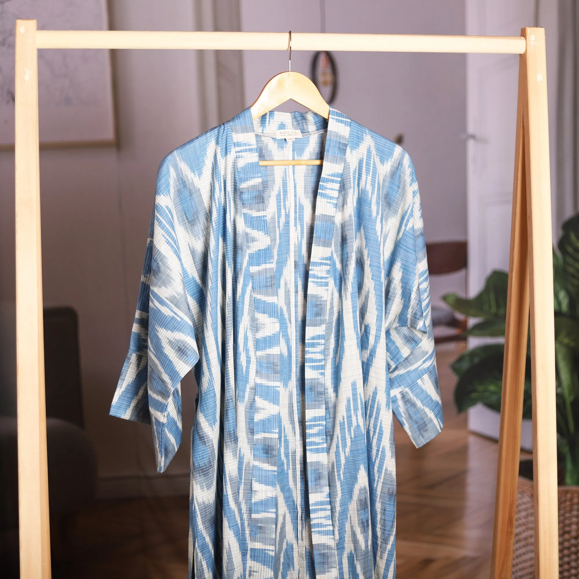 Handwoven Ikat Cotton Robe in Blue White and Grey Hues - Samarkand Days | NOVICA