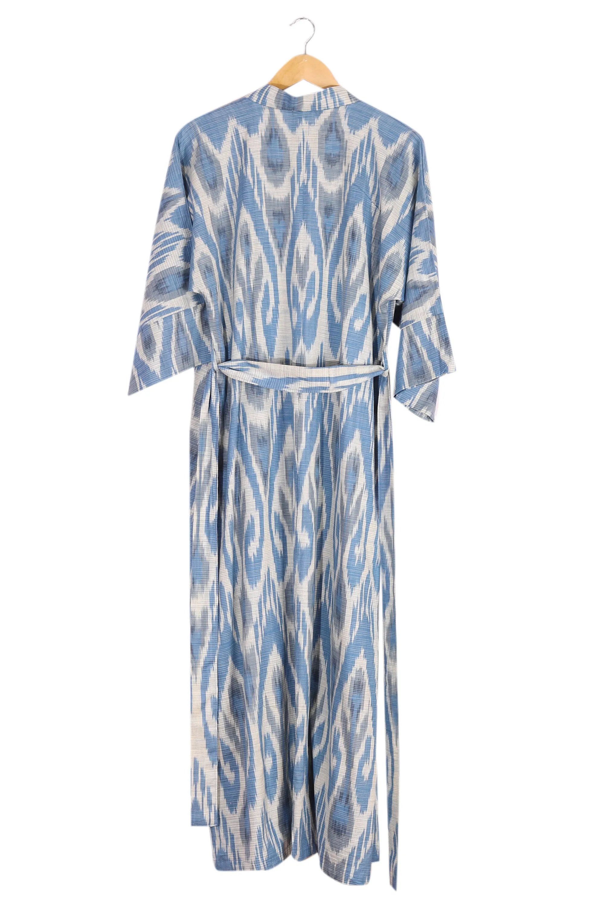 Handwoven Ikat Cotton Robe in Blue White and Grey Hues - Samarkand Days | NOVICA