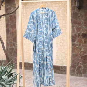 Handwoven Ikat Cotton Robe in Blue White and Grey Hues - Samarkand Days | NOVICA
