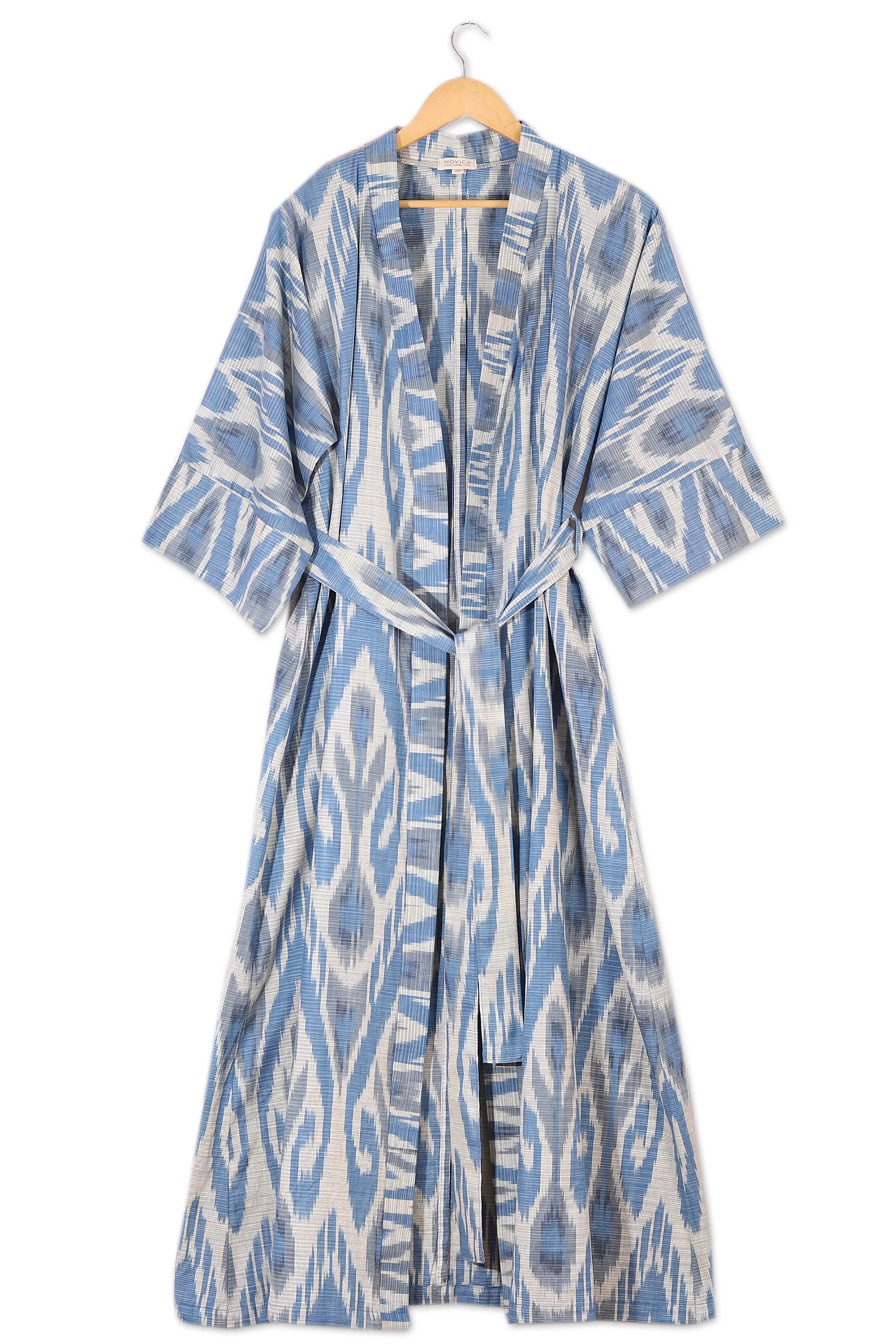 Handwoven Ikat Cotton Robe in Blue White and Grey Hues - Samarkand Days | NOVICA