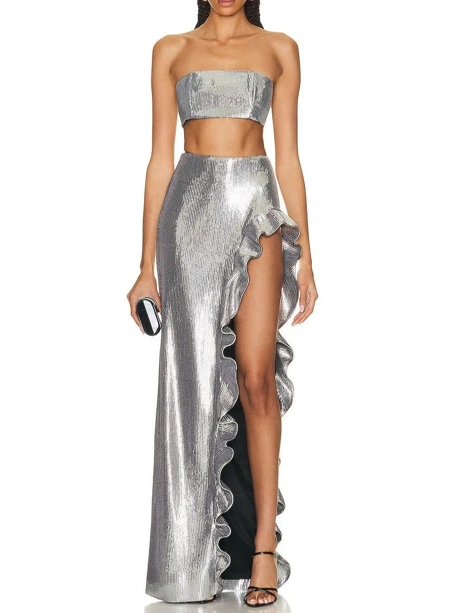 KittenAlarm - Kenzie Tube Top Ruffled Open-side Sequined Skirt Set